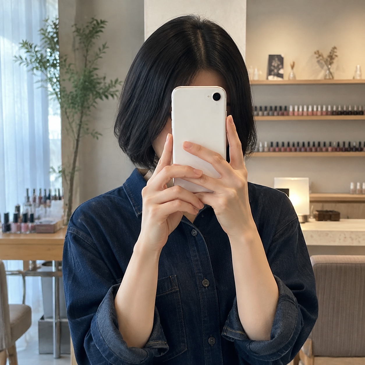 スマートフォンで顔を隠した人物のイメージ