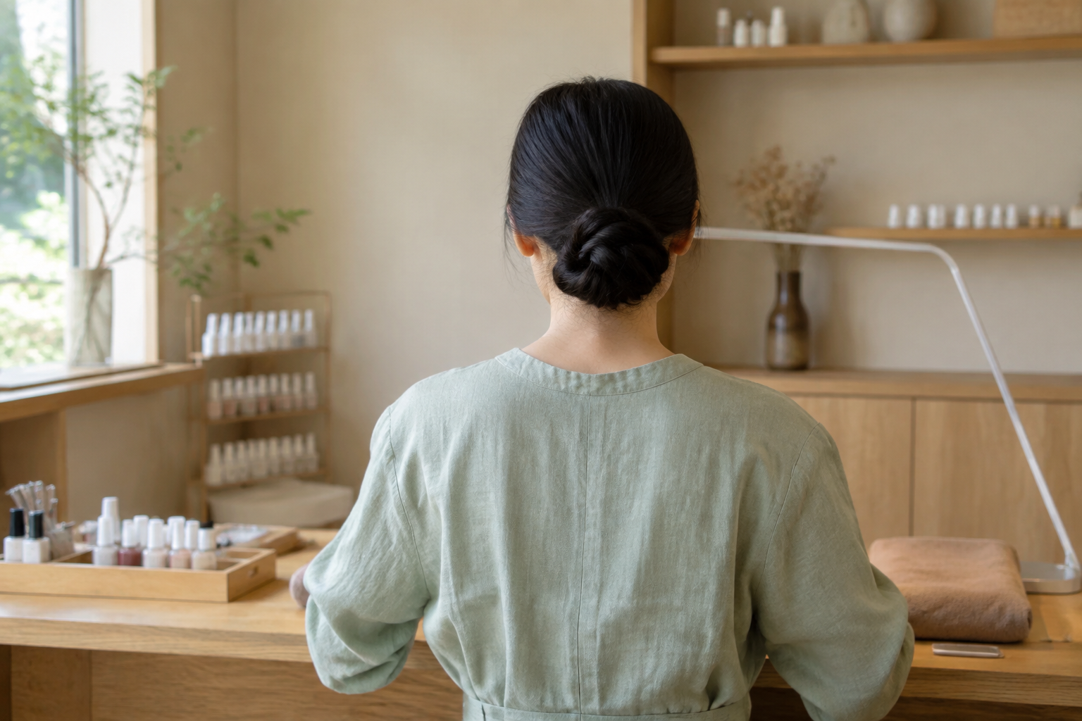 髪をまとめた人物の後ろ姿のイメージ